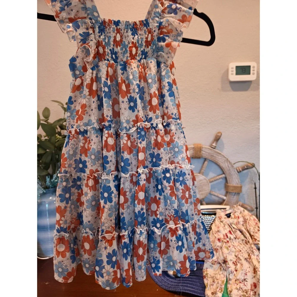 Cheeky Plum Girls Blue Orange Floral Smocked Tiered Flutter Sleeve Dress 6Y
